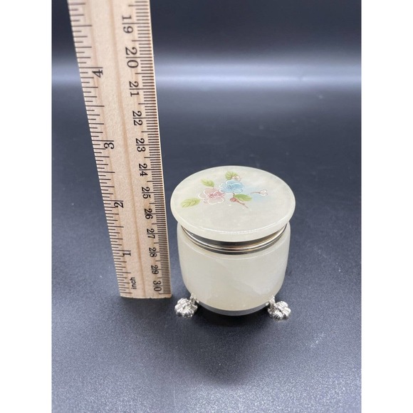 Vintage Genuine Alabaster Trinket Box Hand Carved In Italy Beautiful Floral - Picture 8 of 10